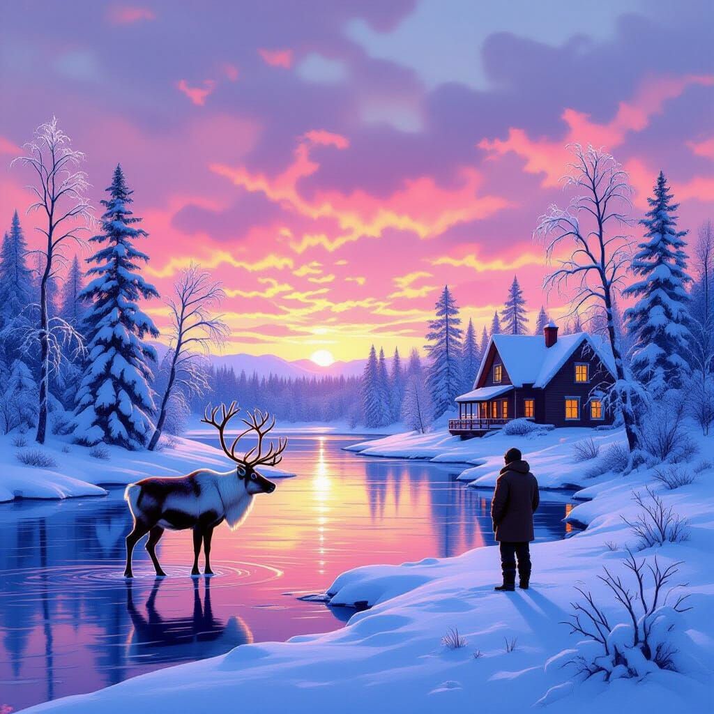 Majestic Landscape: Reindeer, Cozy House, and Aurora Sky