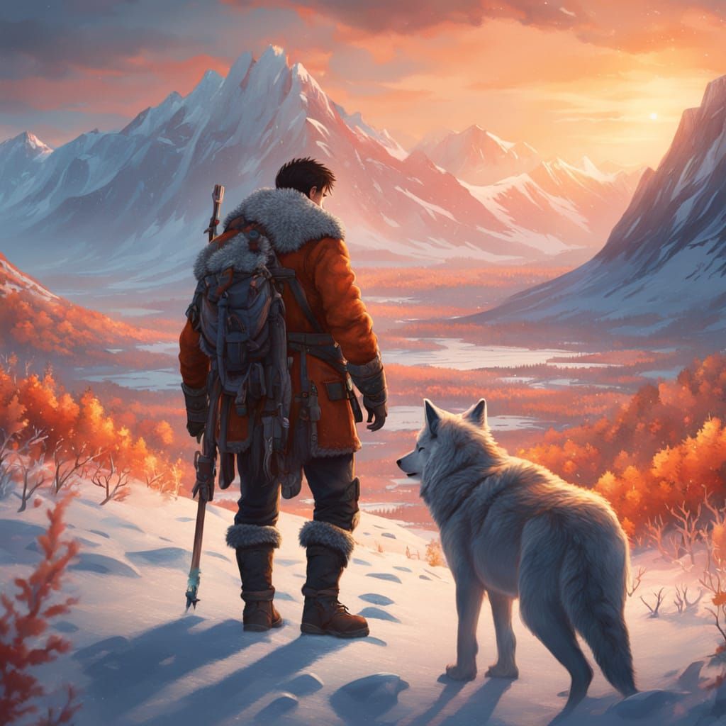 Arctic Walker with Wolf in Oil Painting Style
