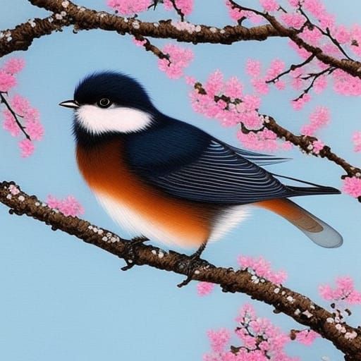 Cute Bird on Sakura Branch, Gouache Drawing