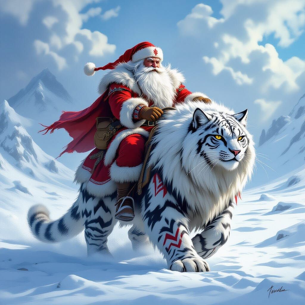 Prehistoric Santa Rides Sabretooth Cat on Snowy Tundra