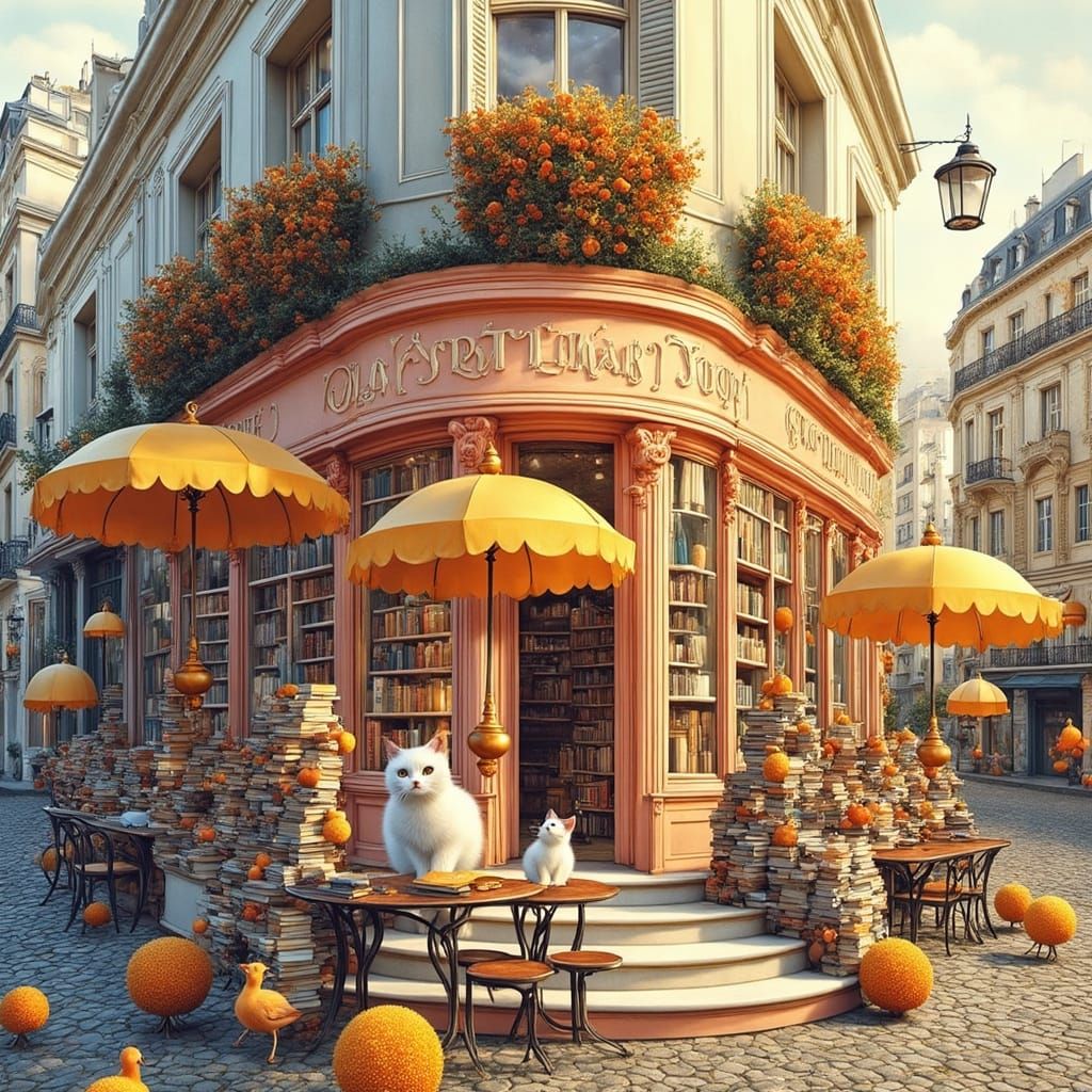 Charming Paris Bookstore in Impressionist Pop Surreal Style