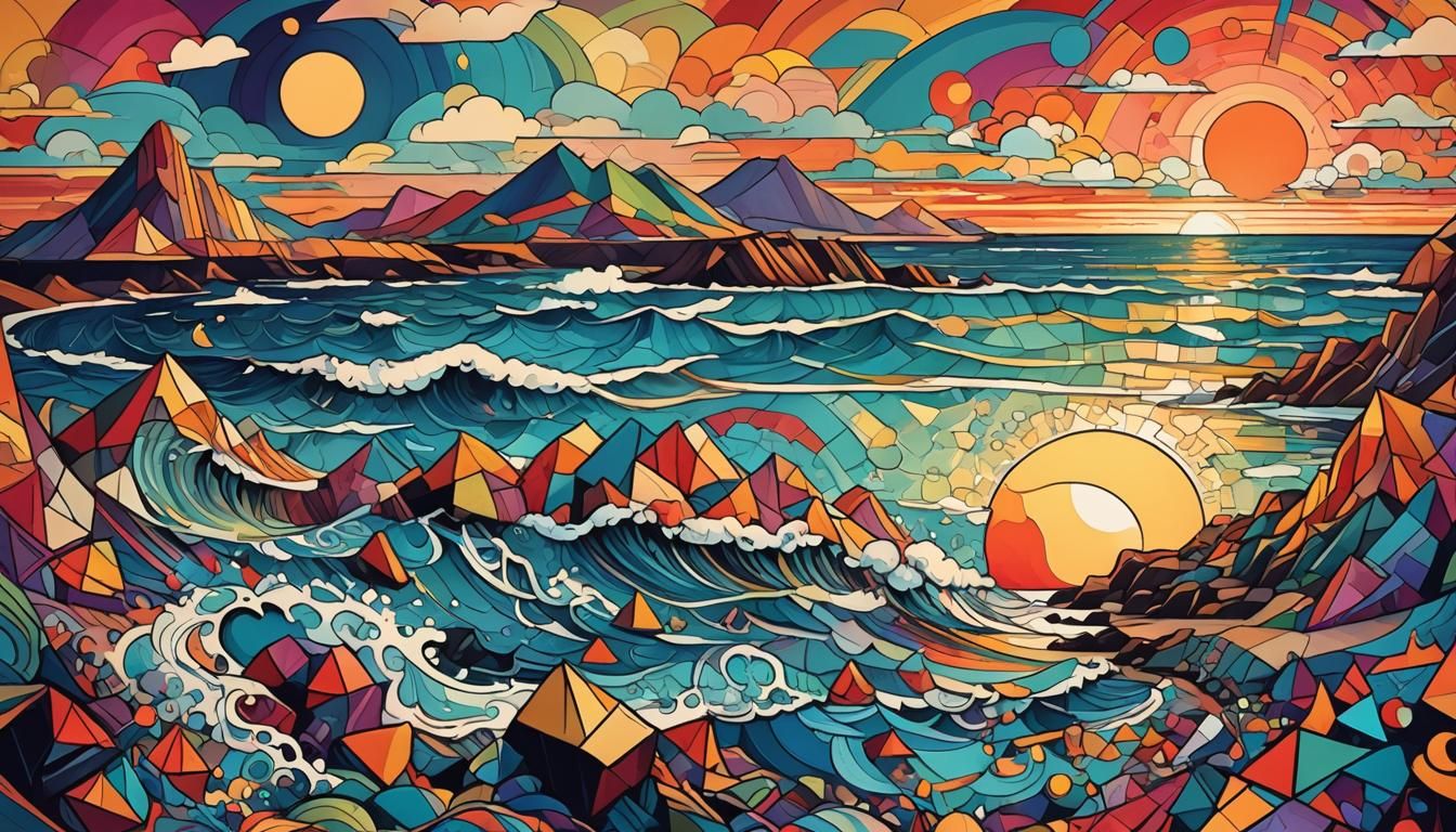 Rainbow Beach Sunsets in Cubist Ink Drawing Style