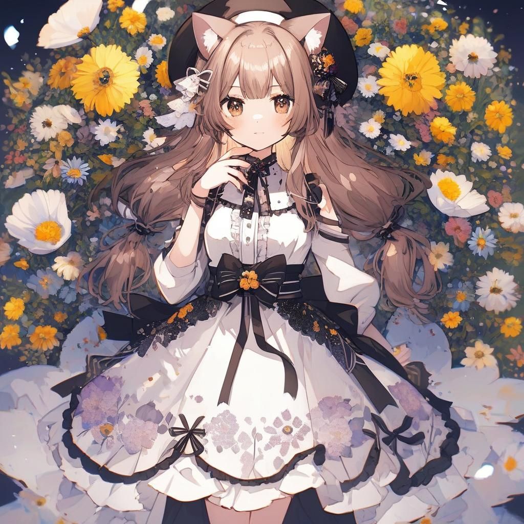 Anime Catgirl with Flowers and Ruffled Dress