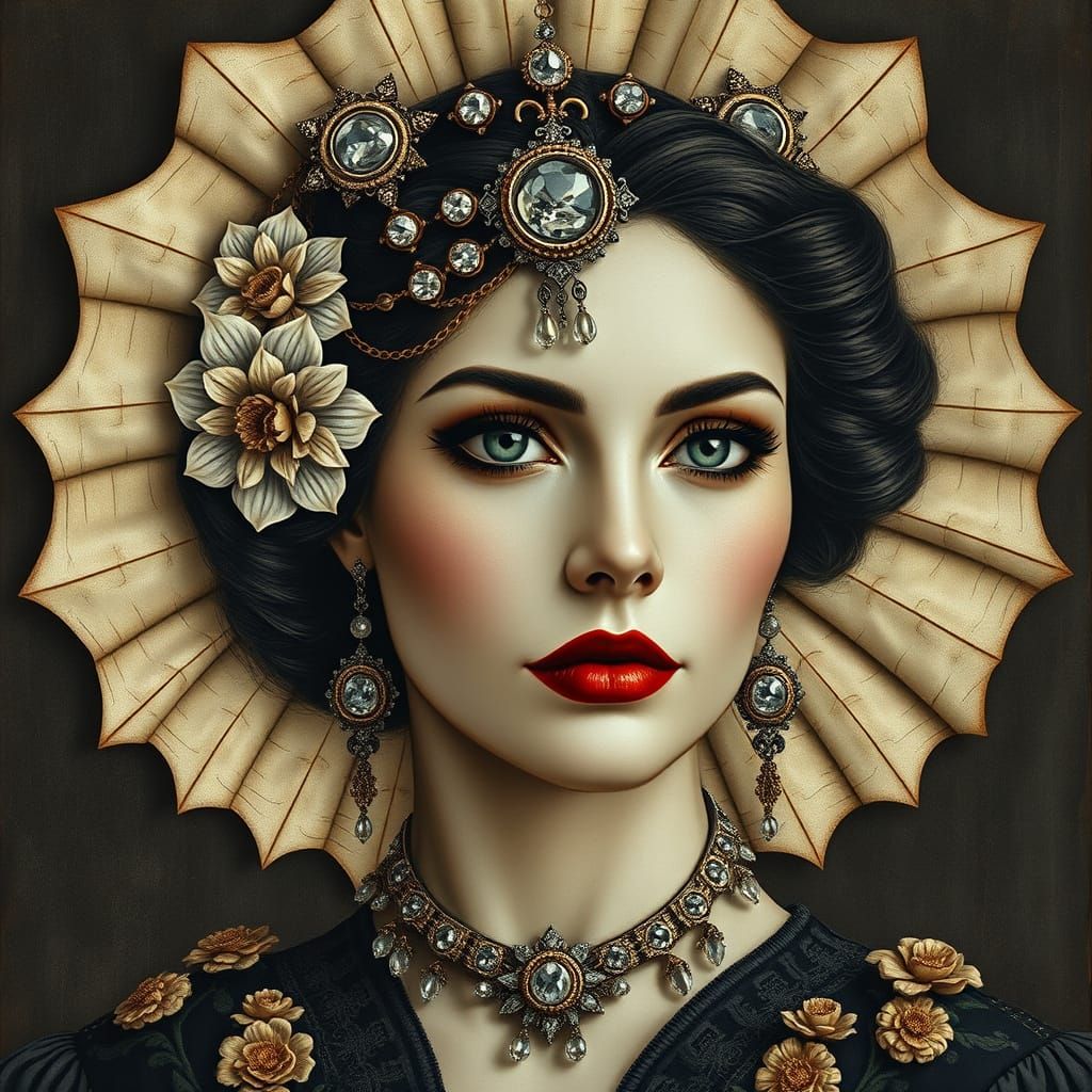 Victorian Steampunk Woman Behind Burnt Parchment