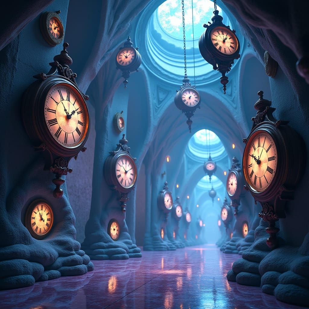 Dreamlike Interior with Suspended Antique Clocks