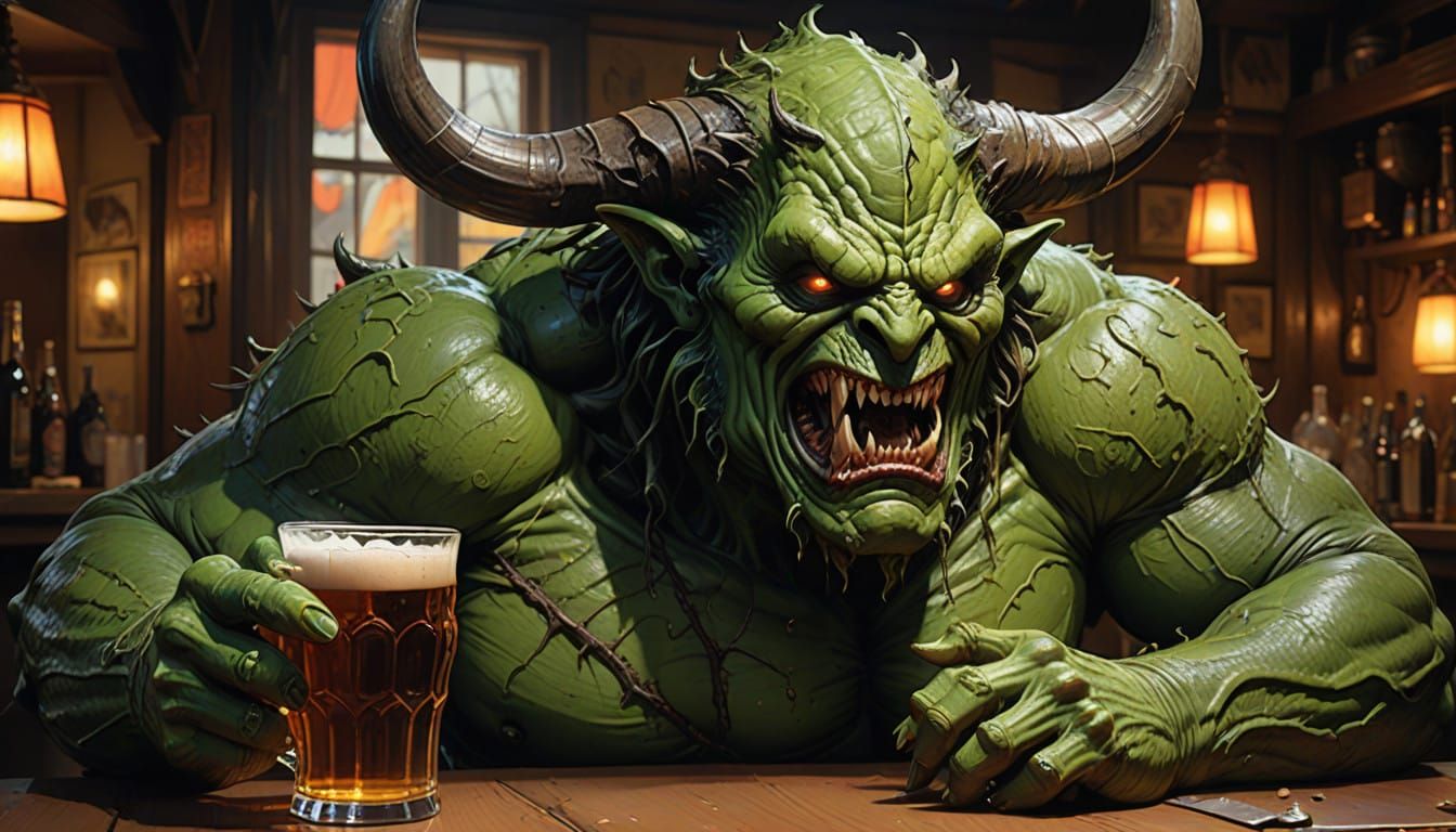 Green Demon Savoring Beer in Hyperrealistic Detail