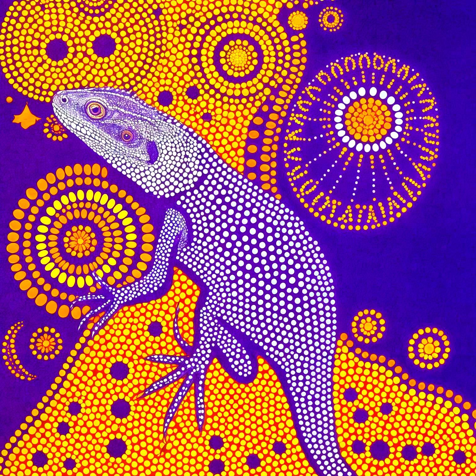 double exposure of a lizard and a vibrant aboriginal dot pai...