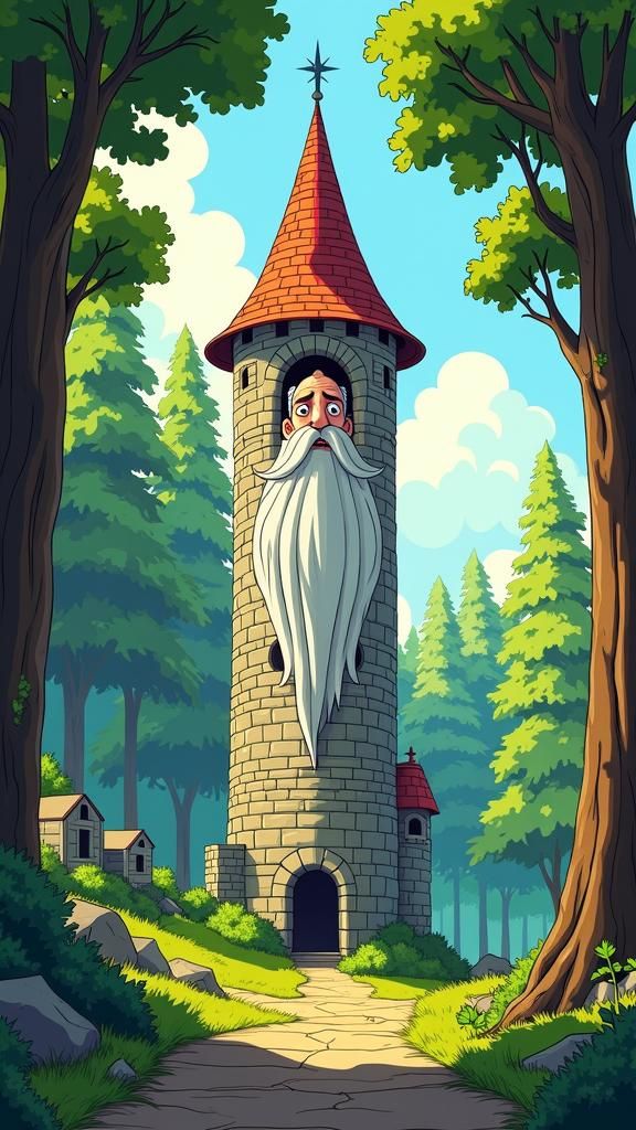 Whimsical Tower Scene in Cartoon Style