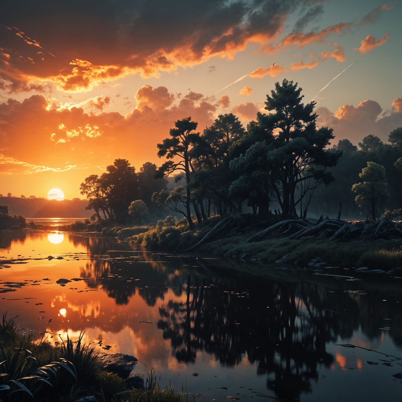 Fiery Sunset Over River Inlet Trees