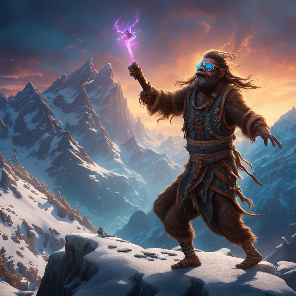 Dancing Prehistoric Man on Mountain Top: Fantasy Art