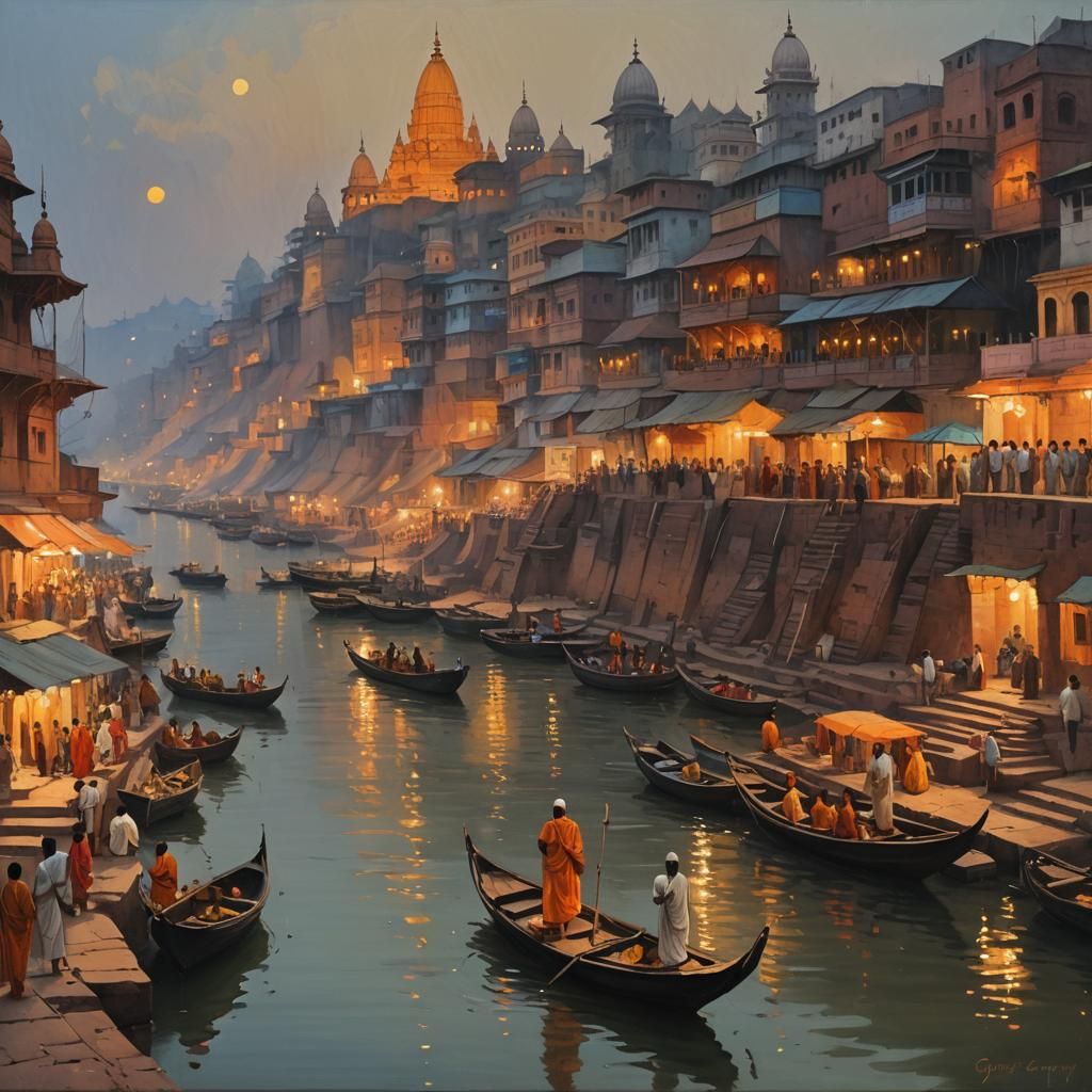 Varanasi Ghats at Evening: Oil Painting