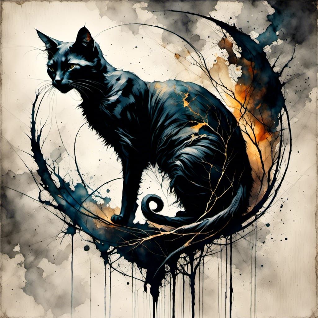 Mysterious Black Cat Portrait in Dark Style