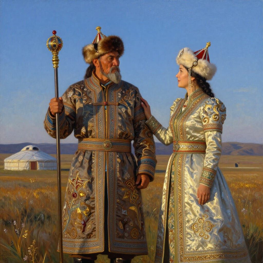 Mongolian Royalty at Dawn in Oil Painting Style