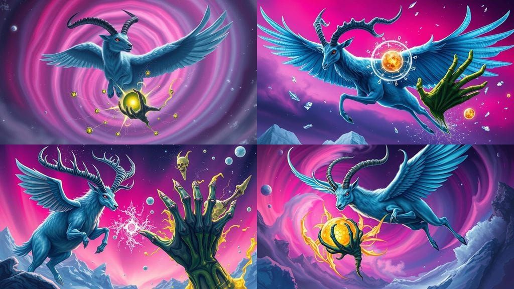 Ice Ibex Daimon Engages Chaos Spirit in Dark Fantasy Battle