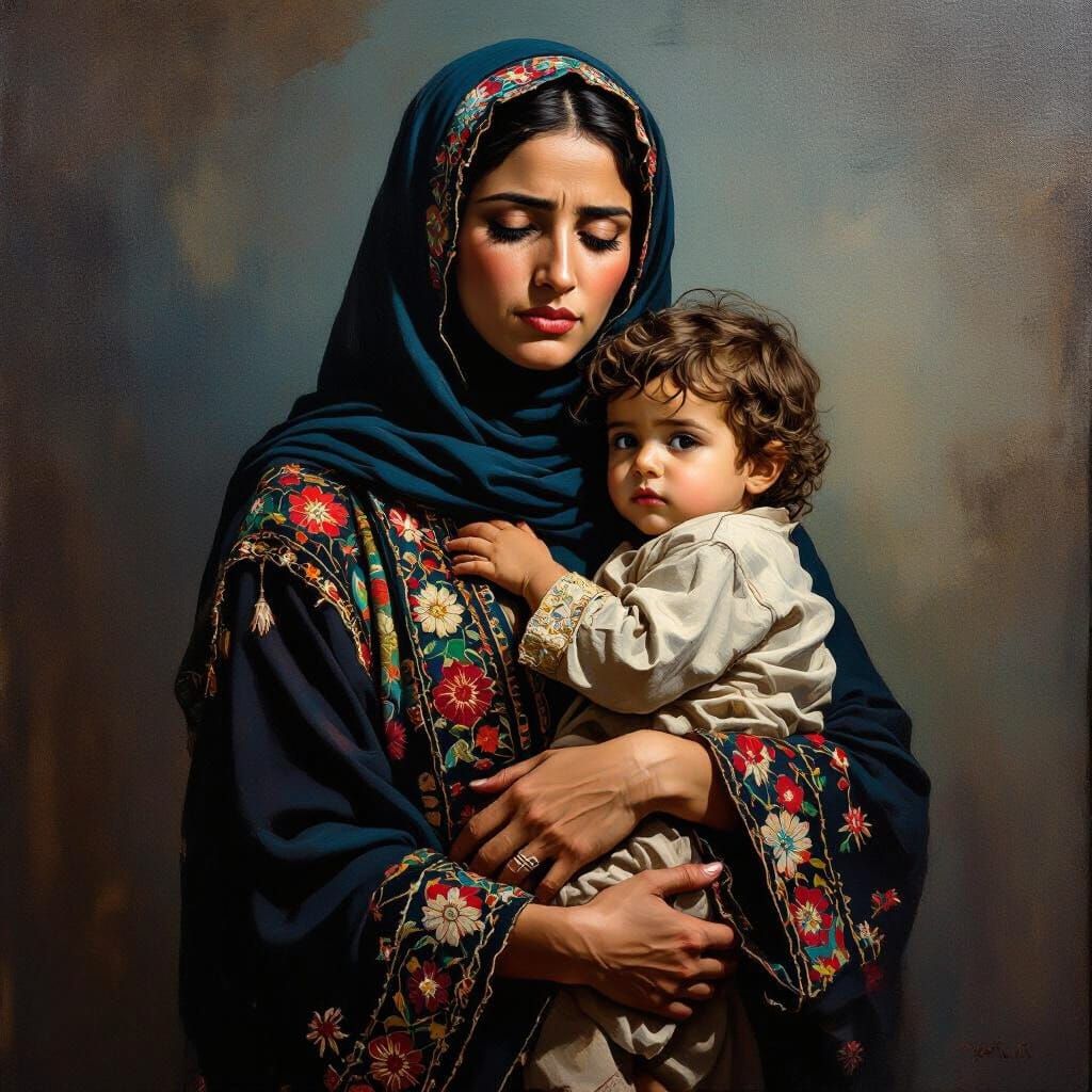 Sad Palestinian Mother Holding Child in Oil Painting Style