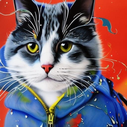 Cat in Duffel Jacket: Marbled Ink Drawing