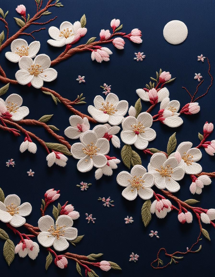 Embroidered Cherry Blossoms Against Moonlit Sky