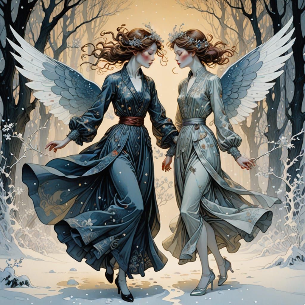 Ethereal Dance of Angels in Snowy Whimsy