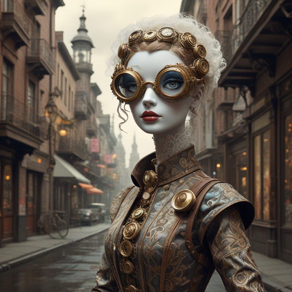 Steampunk Barbie Doll Stands Confidently in Dreamlike Citysc...
