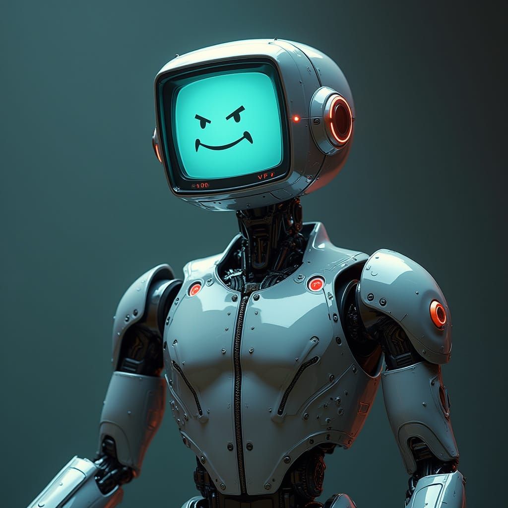 Futuristic Robot with TV Head in Metallic Jumpsuit