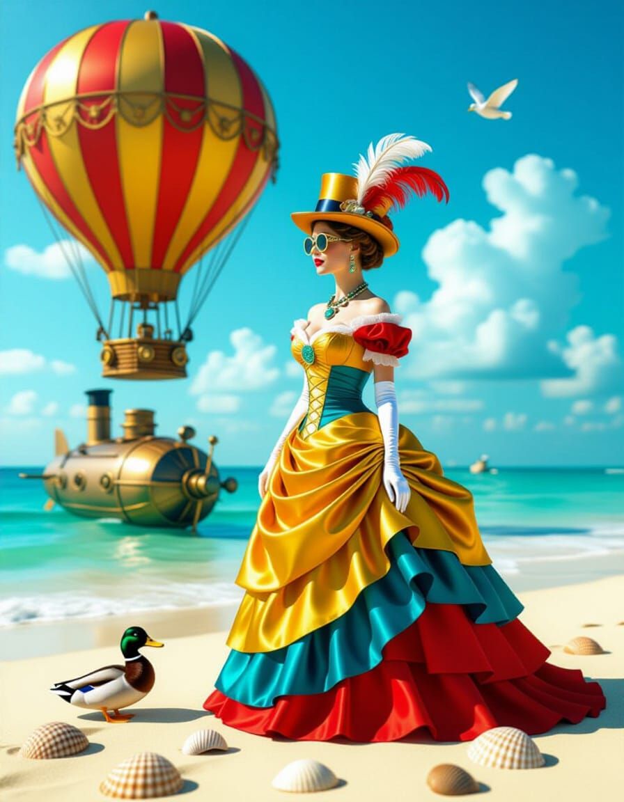 Steampunk Beach Vacation with Woman in Silk Dress