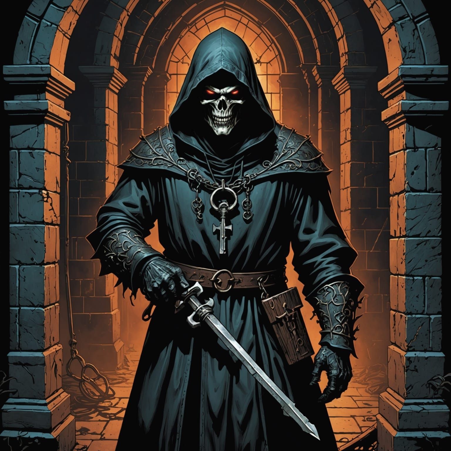 Hooded Demon with Gothic Key in Prison