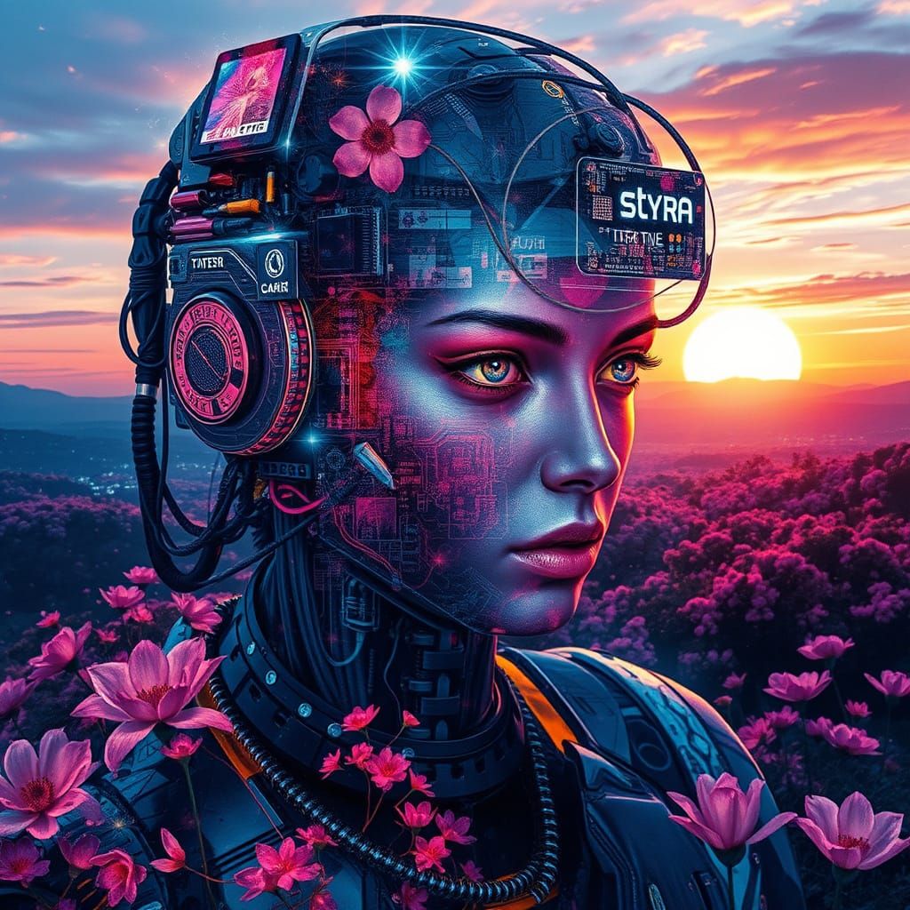 Neon Synthwave Cyborg Landscape in Digital Watercolor