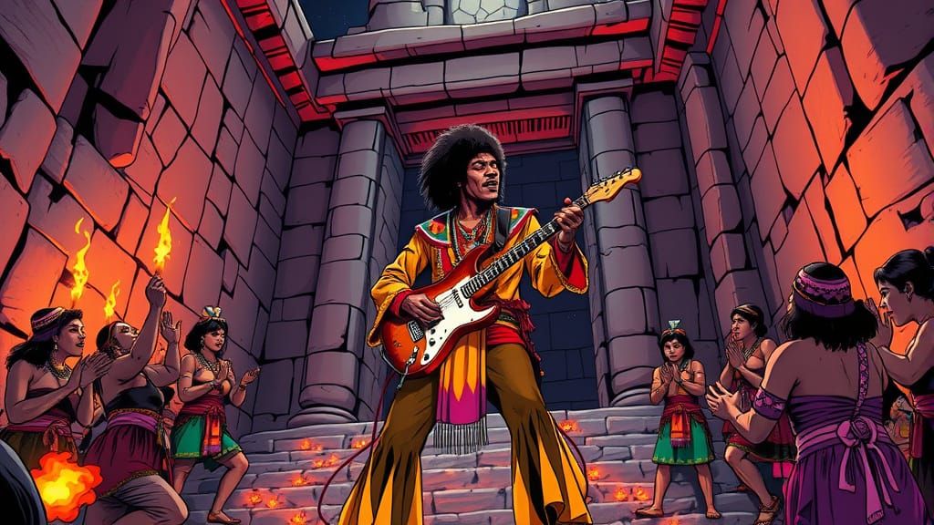 Jimi Hendrix Rocks Inca Temple in Comic Book Style