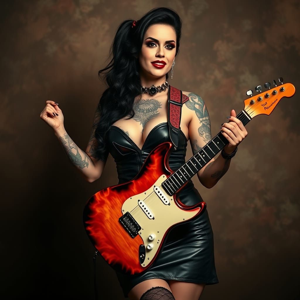 An alluring tattooed retro rockabilly pinup vamp queen with ...