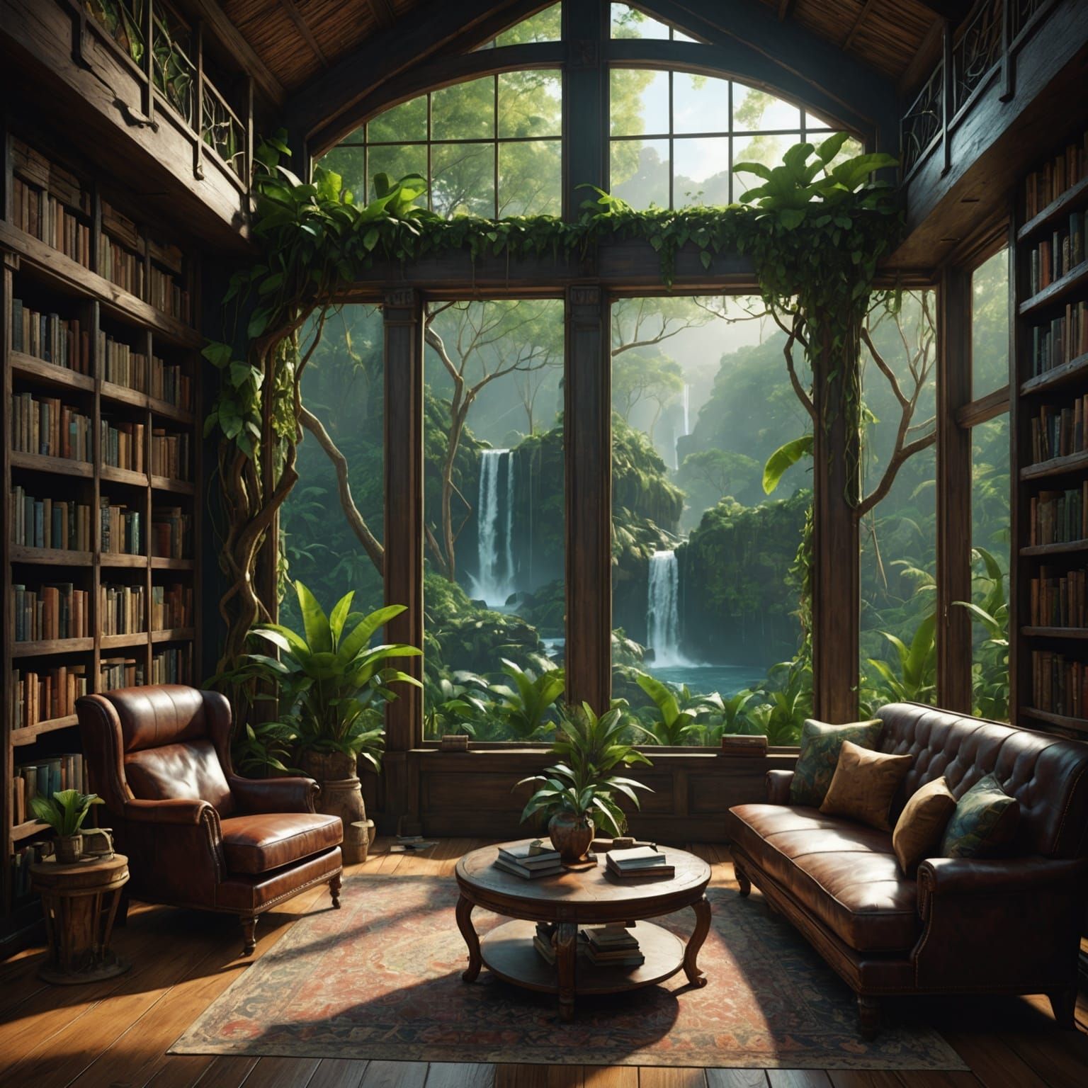 Jungle Treehouse Library with Waterfall View