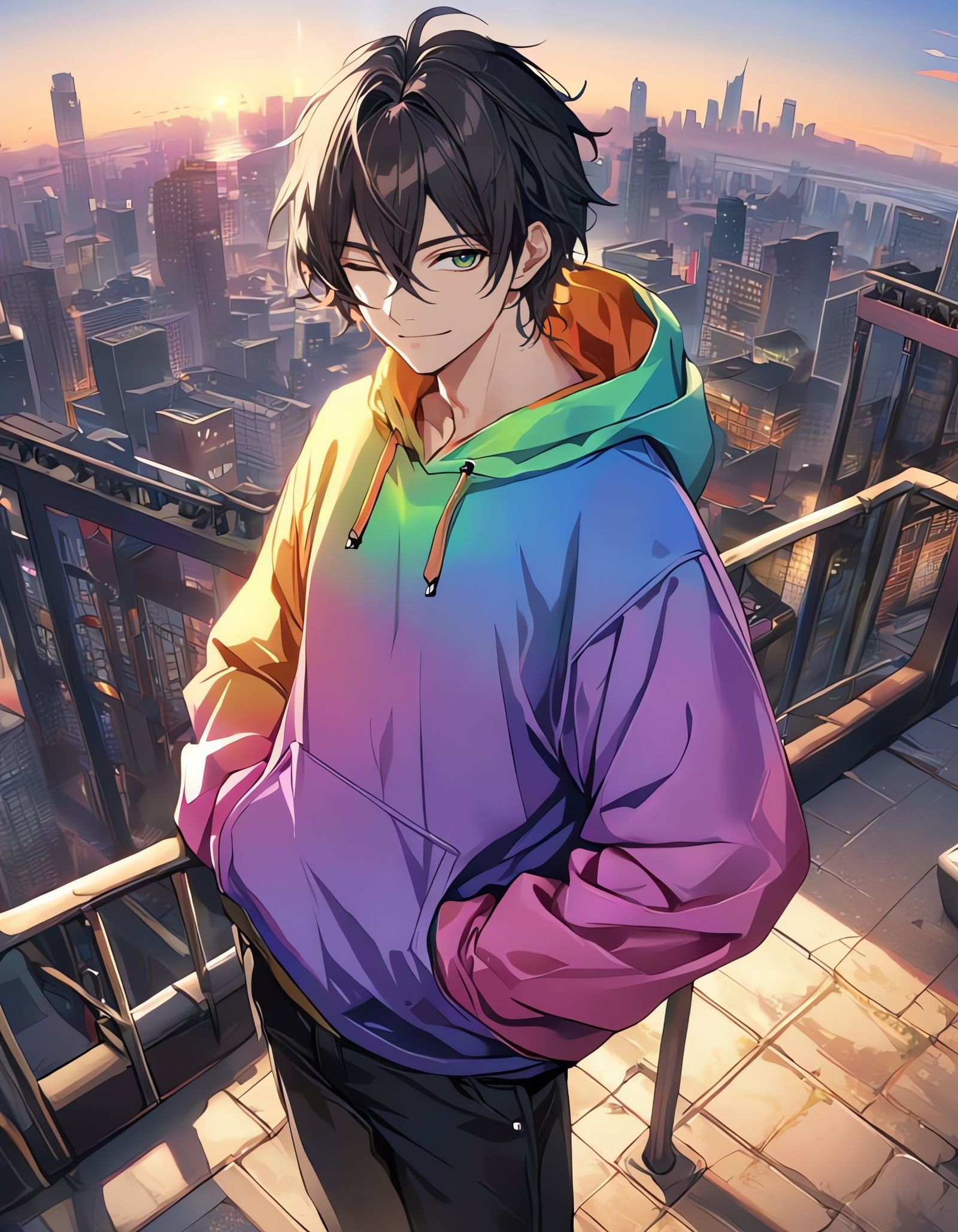 Bishounen on Rooftop at Twilight: Rainbow Hoodie
