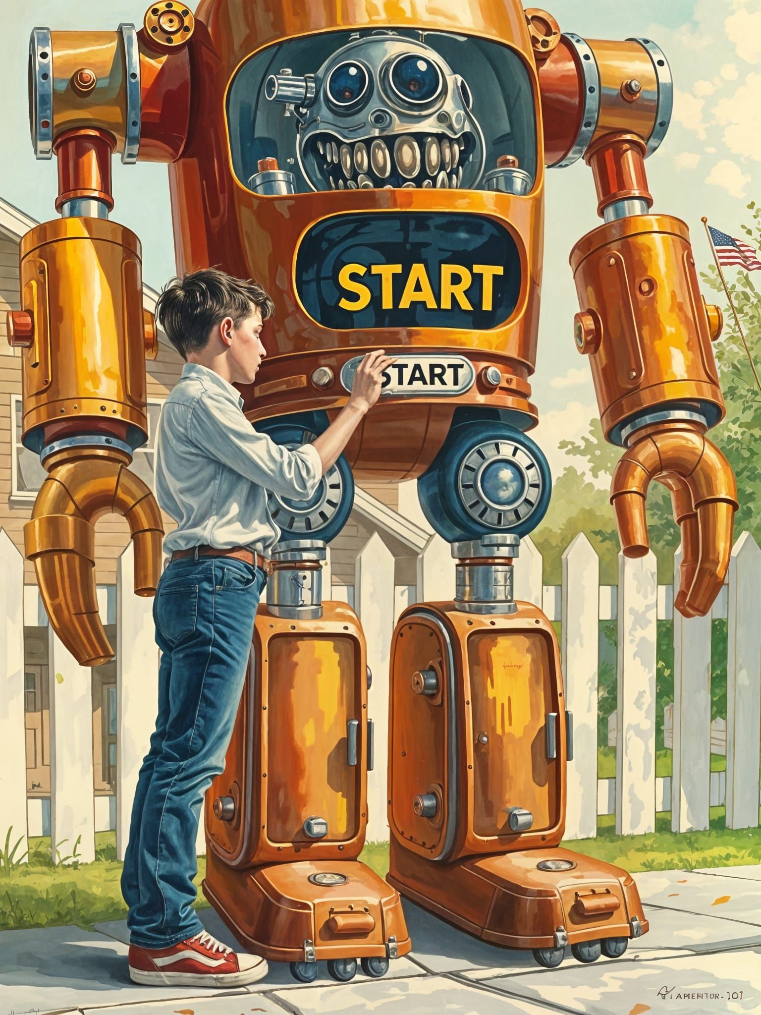 1950s American Boy Hesitates to Activate a Mechanical Robot