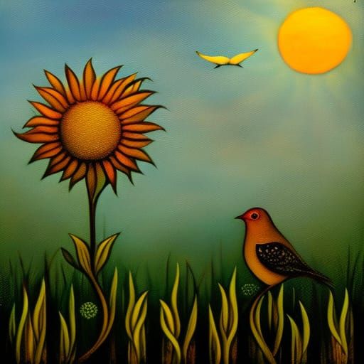 Sunflower and Bird at Sunset: Surreal Folk Art