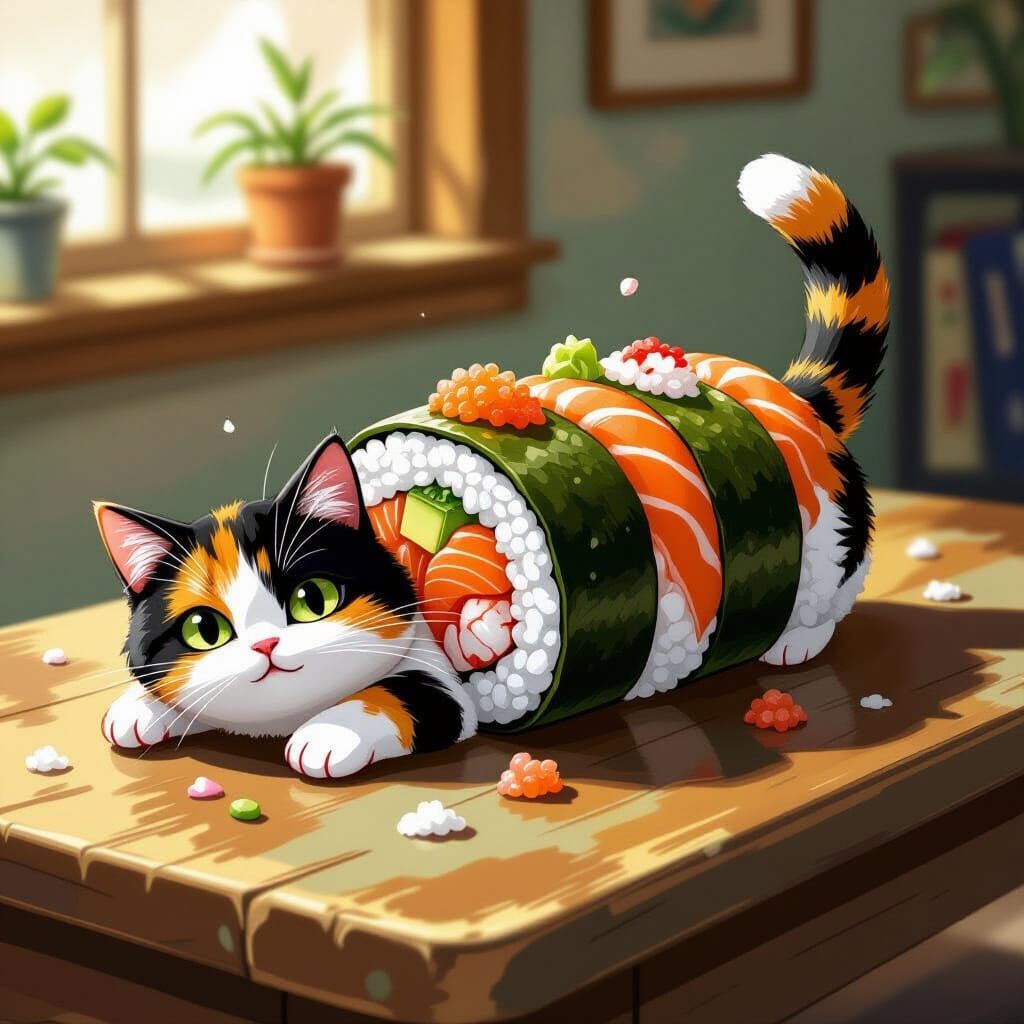 Calico Cat as Maki Roll in Whimsical Style