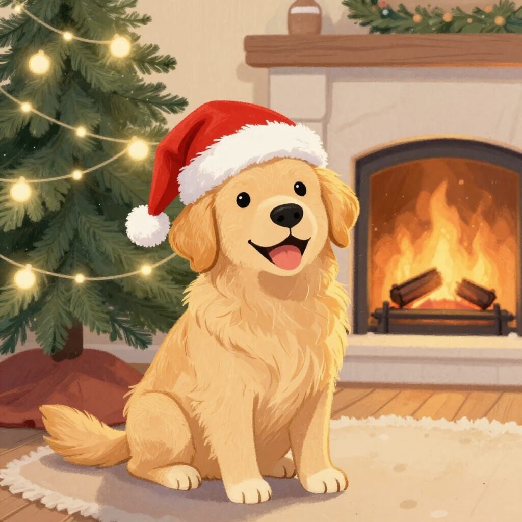 Joyful Golden Retriever by Christmas Tree