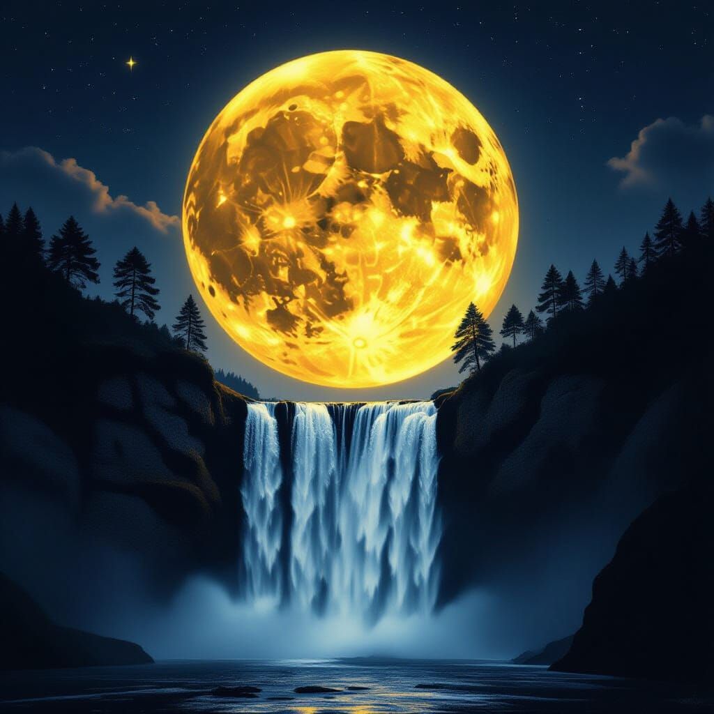 Golden Moon Waterfall Cascading in Dreamlike Digital Art
