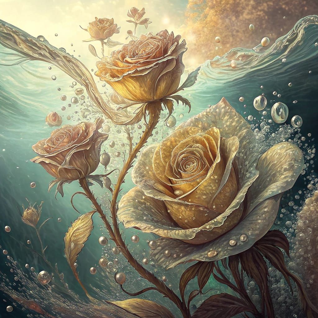 Golden Roses Underwater in Abstract Fractal Style
