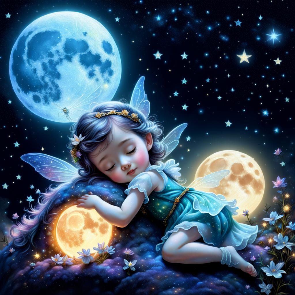 Fairies Sleeping on a Bioluminescent Moon in Galaxy