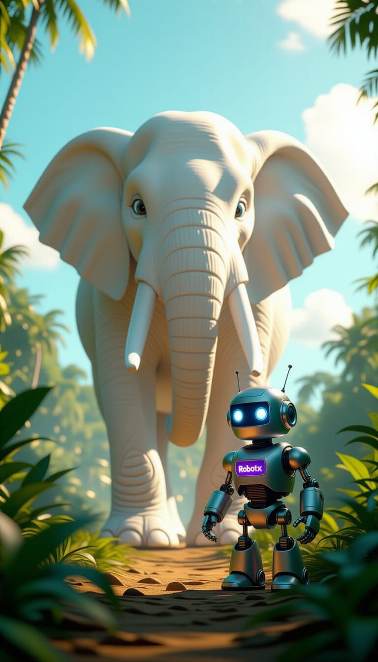Giant White Elephant Befriends Robot in Disney Style
