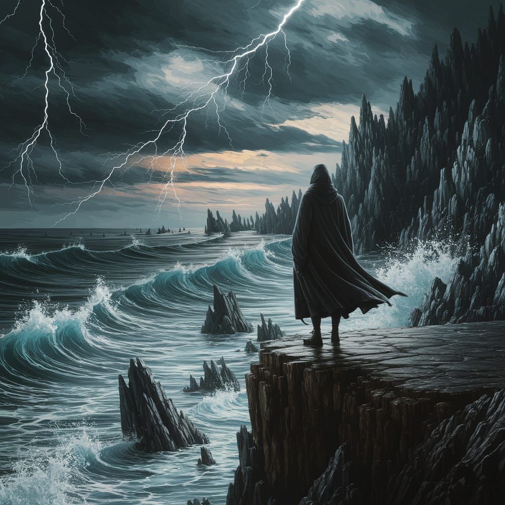 Cloaked Figure Overlooking Stormy Sea, Oil Painting
