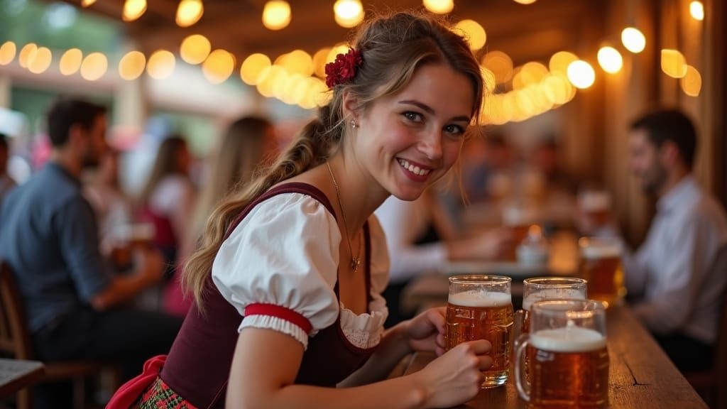 Young Woman in Dirndl Serving Beer at Oktoberfest