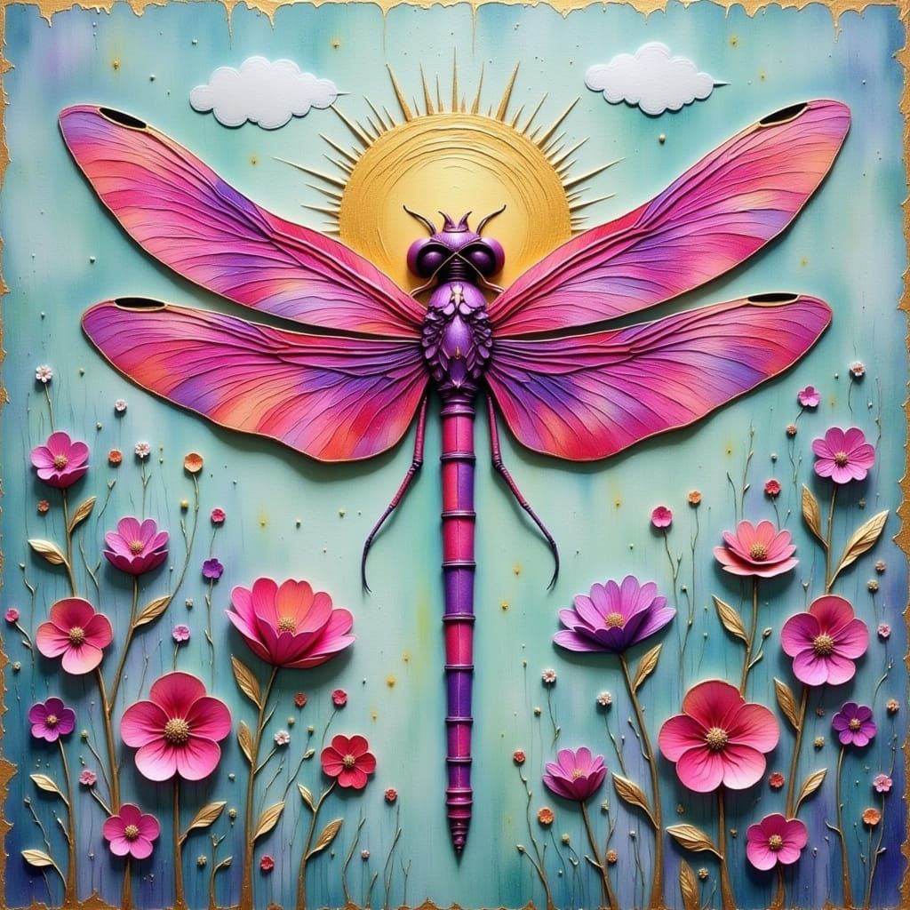 Iridescent Dragonfly with Golden Halo in Mixed Media