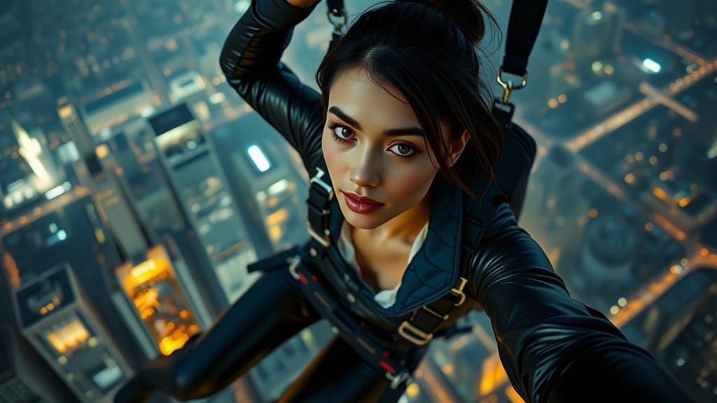 Woman in Free Fall Above City at Night