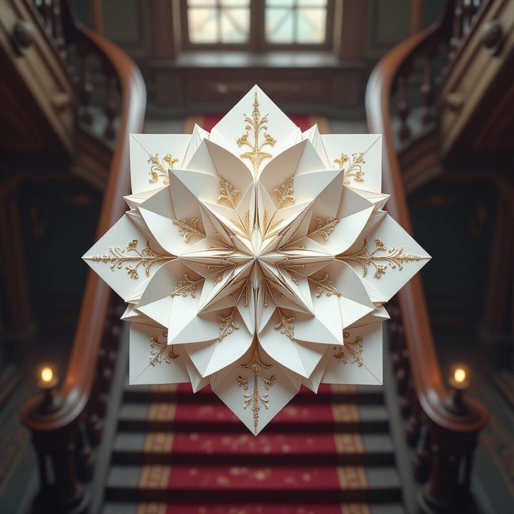 Origami Card on Grand Staircase in Matte Painting Style