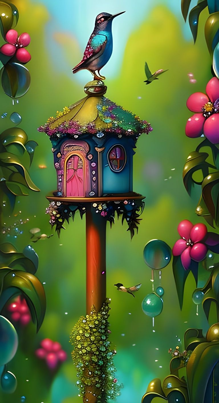 Dreamy Birdhouse Fairytale with Hummingbirds in Oil Painting