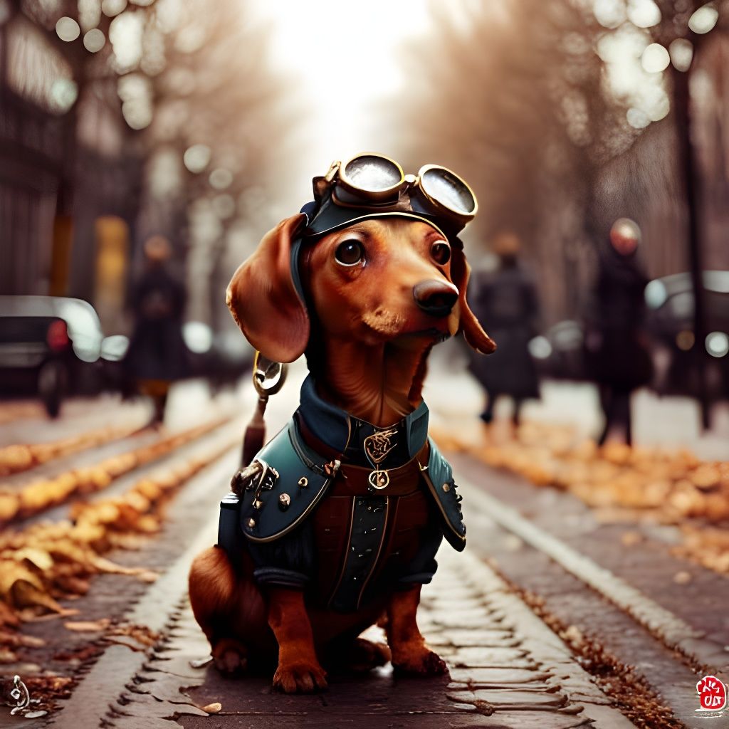 Steampunk Dachshund in Paris: Detailed Matte Painting