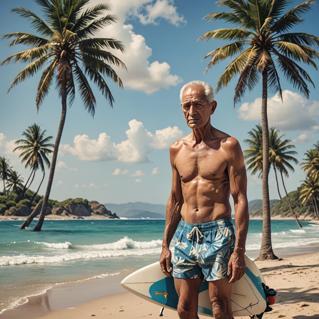 Exotic Beach Scene: Solitary Man and Surfboard