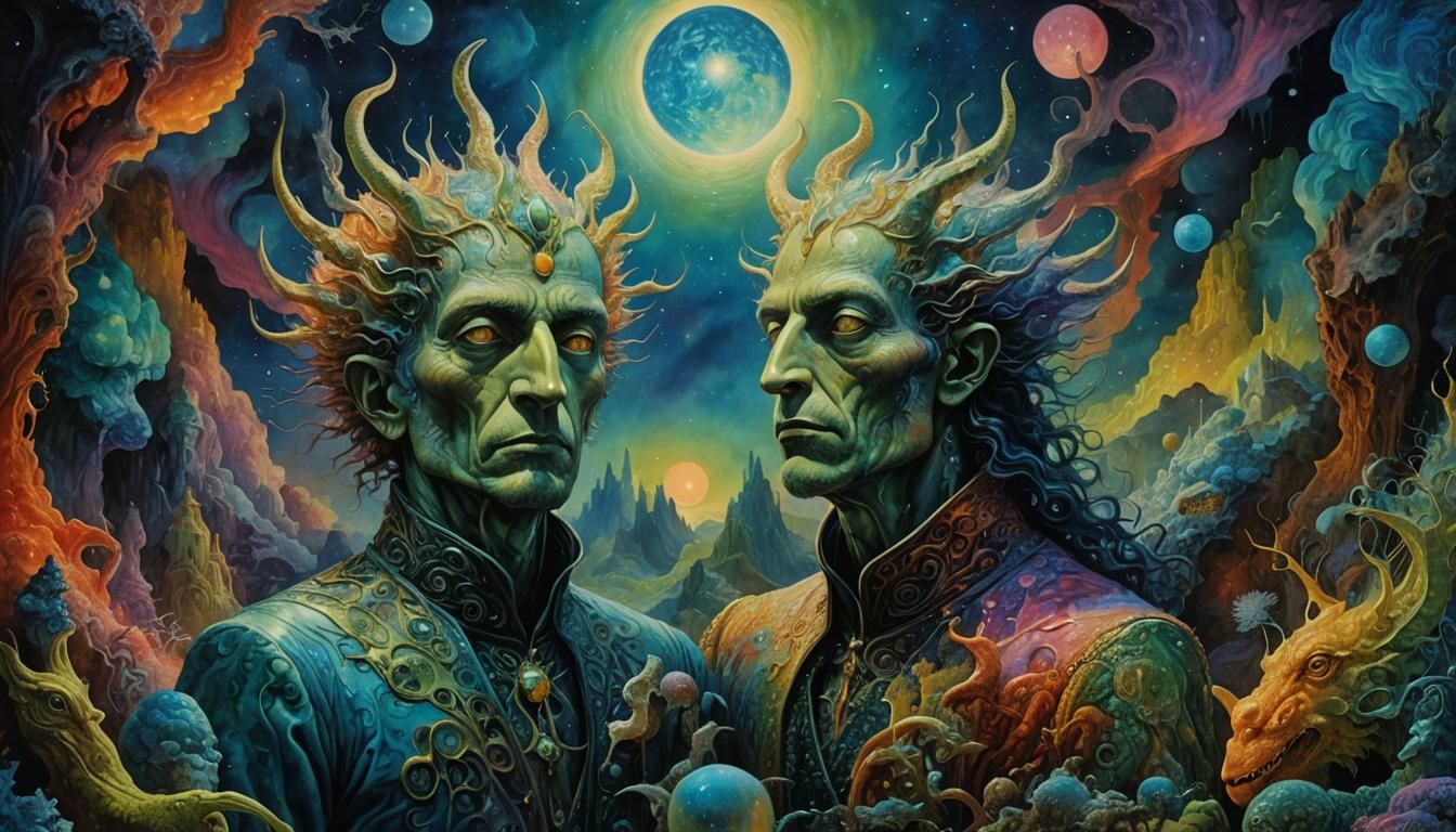 Surreal Mystic in Iridescent Moonscape, Ernst Fuchs Style