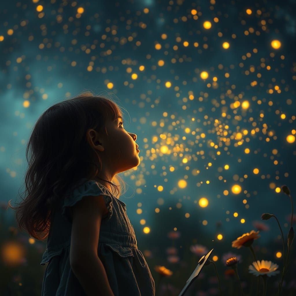 Little Girl Contemplates Whirling Fireflies in Night Sky Blo...
