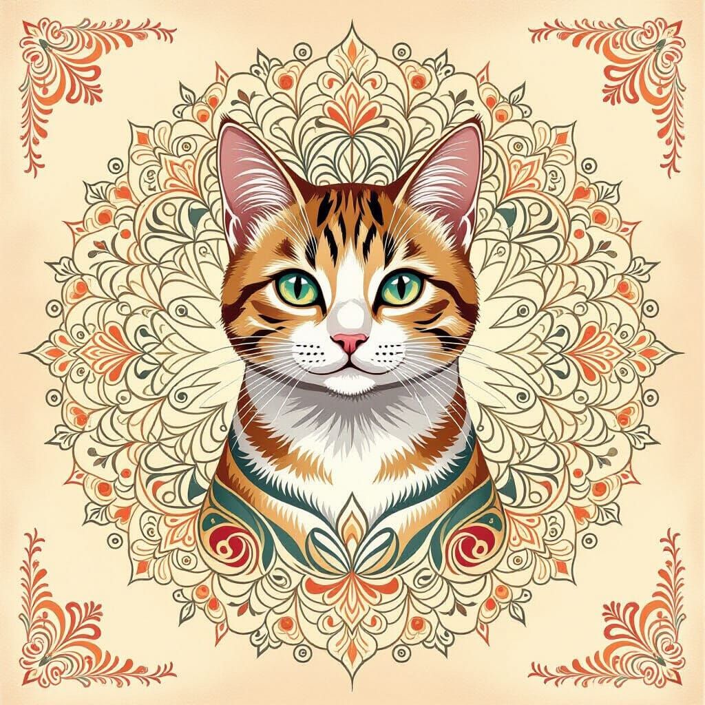 Serene Mandala Cat in Delicate Watercolor Style